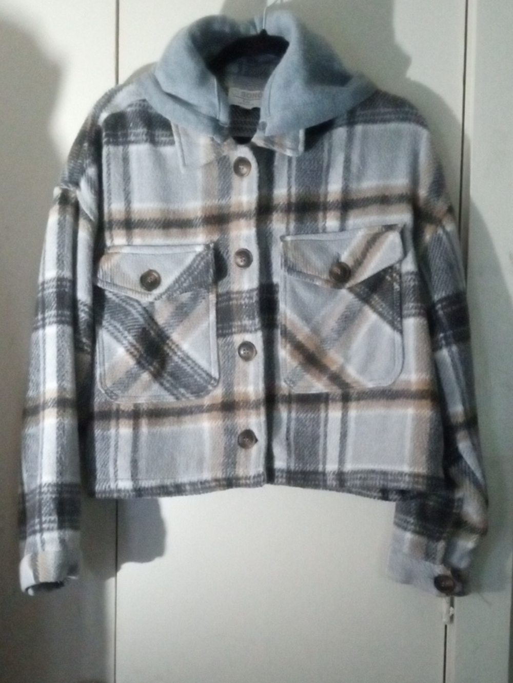 Ci Sono Plaid Teddy Hooded Jacket - Light Blue, Taupe, Gray Large